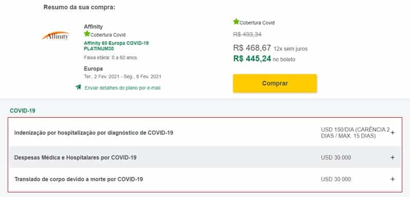 Cotação de um seguro viagem covid da Affinity para Europa
