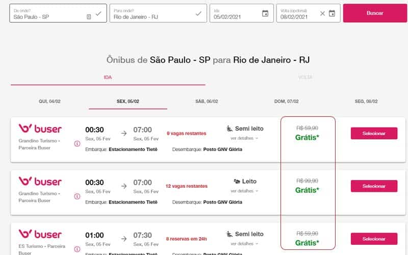 Página com as passagens disponíveis