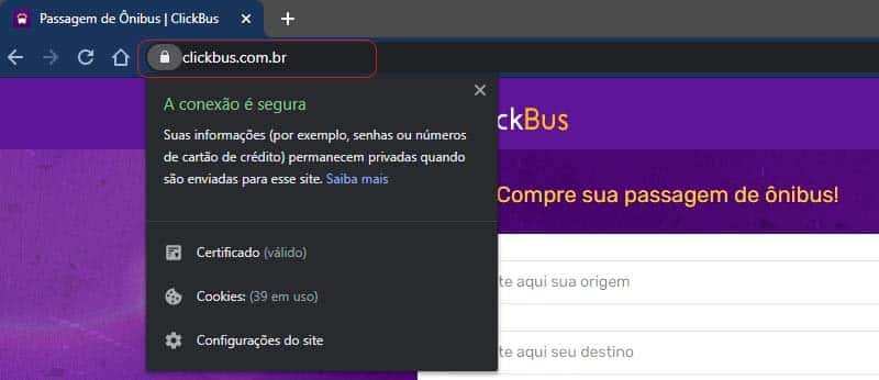 Clickbus é seguro, página com o cadeado HTTP