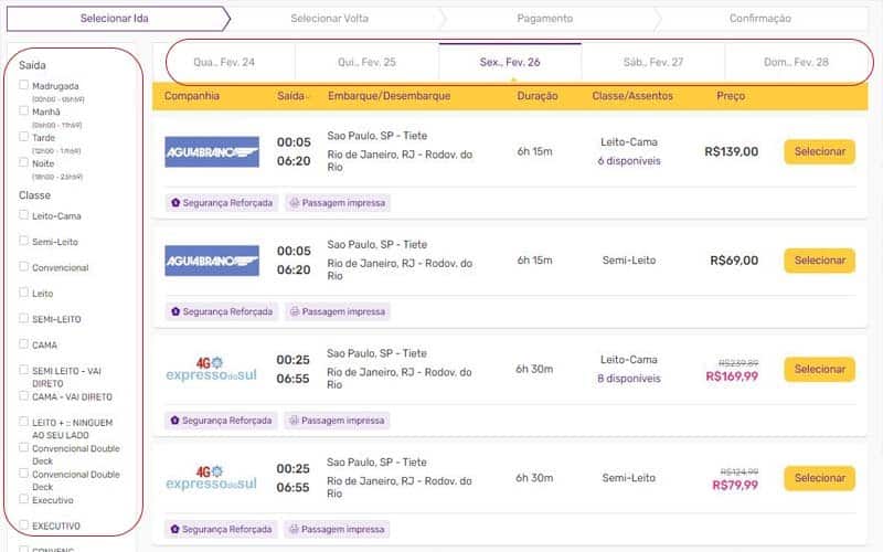 Filtros para comprar passagens