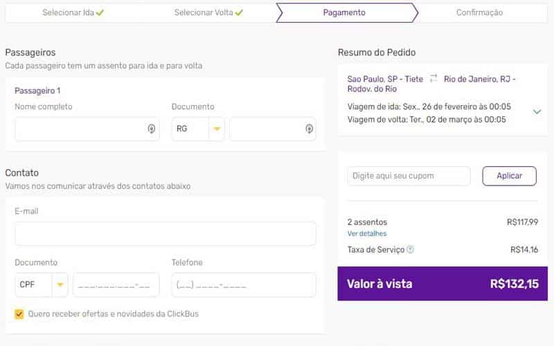 Pagamento da passagem na clickbus
