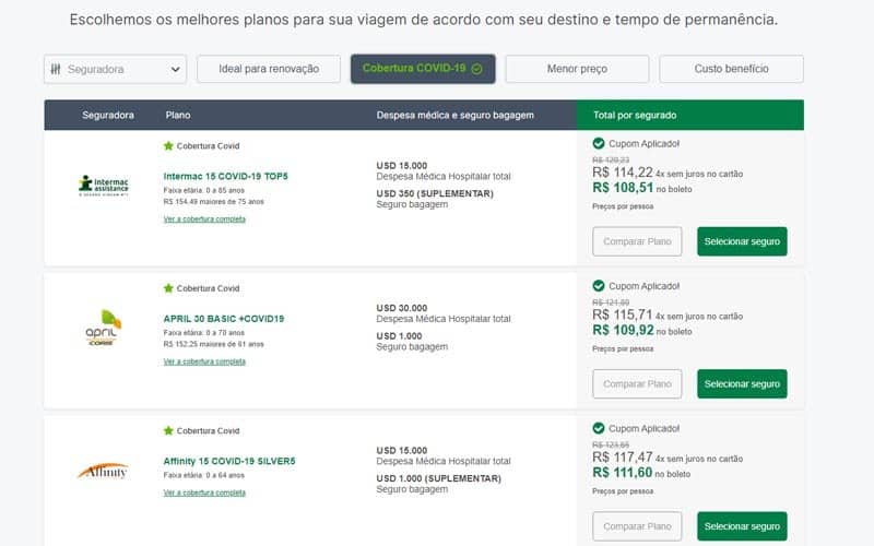 Planos de seguro viagem com covid-19
