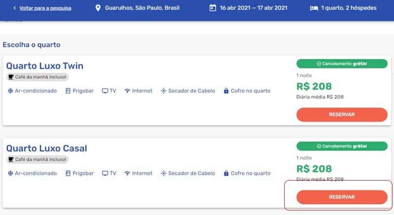 Página com os tipos de quartos do Slaviero Essential Guarulhos