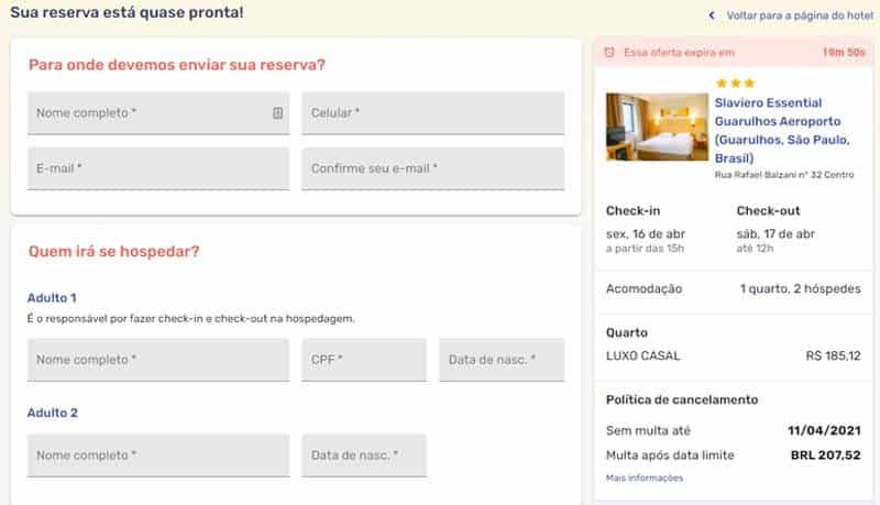 Página para preencher os dados pessoais da reserva