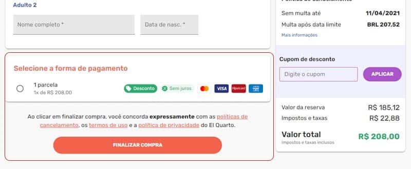 Página de pagamento da reserva e cupom de desconto