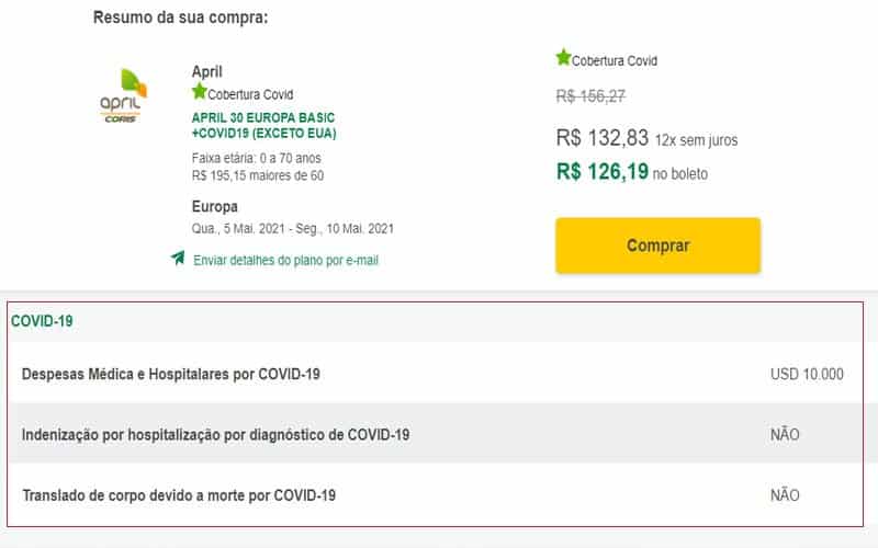 Cotação de um seguro viagem covid da April para Europa