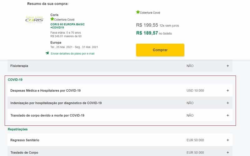 Cotação de um seguro viagem covid da Coris para europa