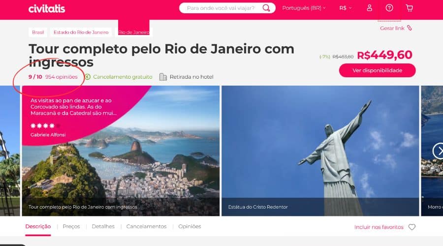 Classificação do passeios na página