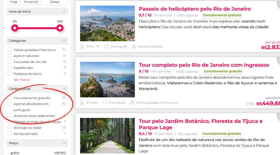 Filtro de atividade somente em português