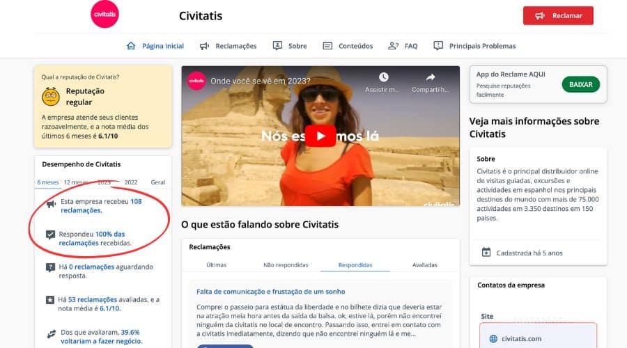 Página principal do Reclame Aqui sobre a Civitatis