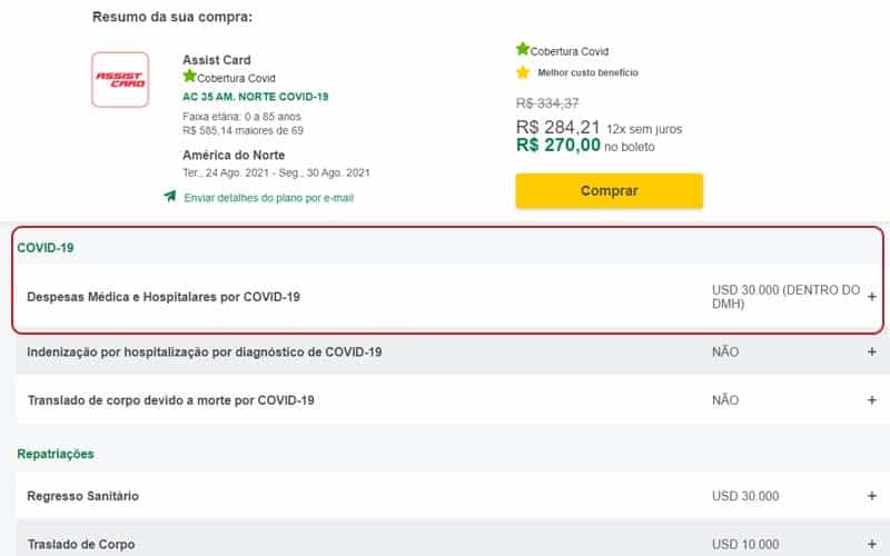 Detalhes da cobertura da Assist Card com cobertura COVID-19