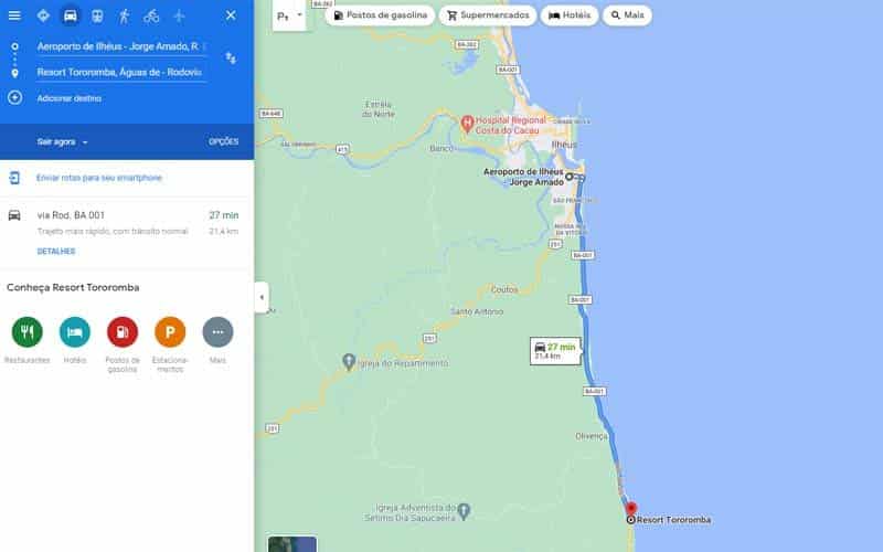 Distância do Aeroporto de Ilhéus até O Resort no Google Maps 