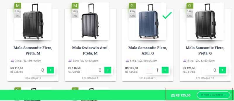 Selecionando a mala para alugar