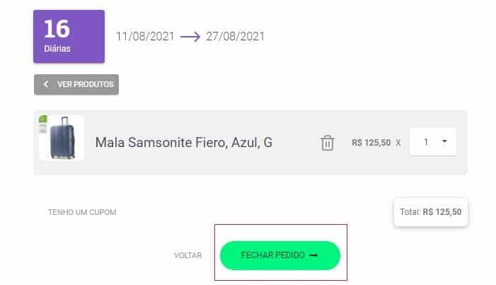 Página com confirmação do aluguel da mala