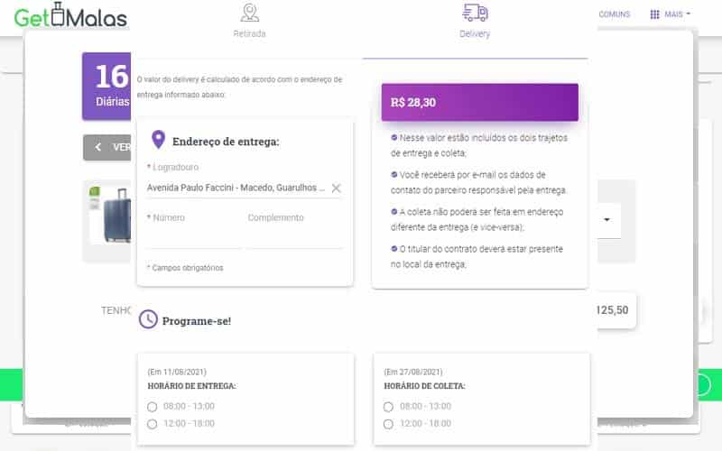 Escolhendo retirada ou delivery da mala