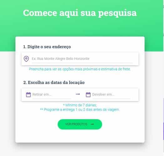 Página para colocar seu endereço e período de locação da mala