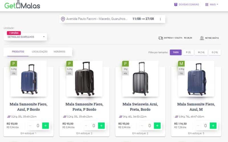 Opções de malas disponíveis para locação