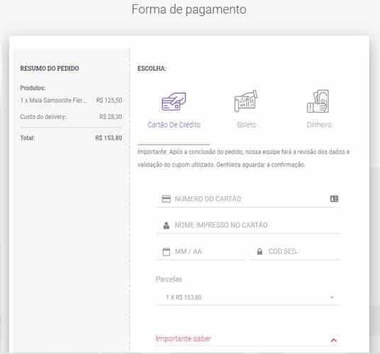 Realizando o pagamento do aluguel da mala