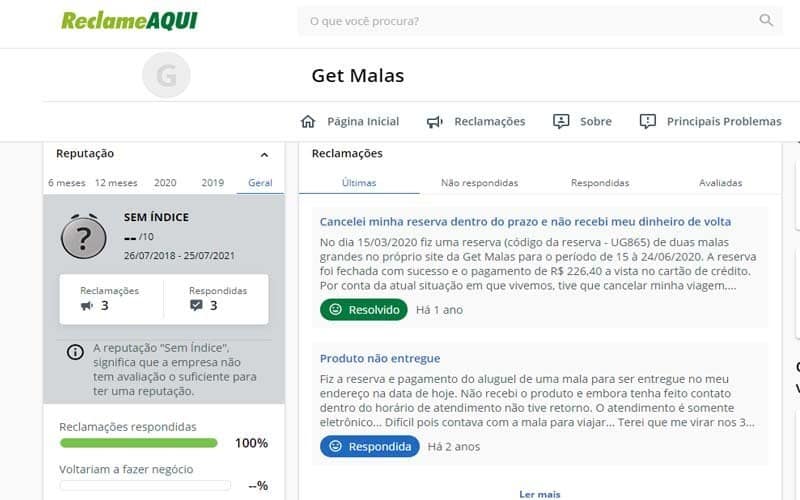Página da Get Malas no Reclame Aqui