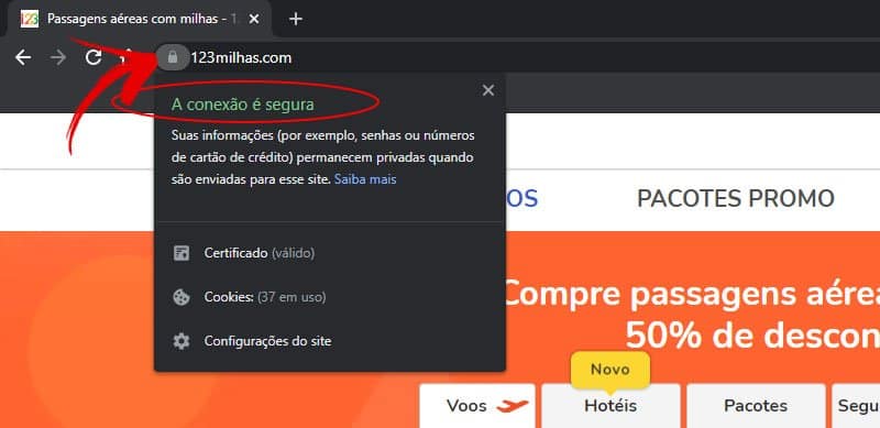 Certificado ativo no site informando que a 123 milhas é segura