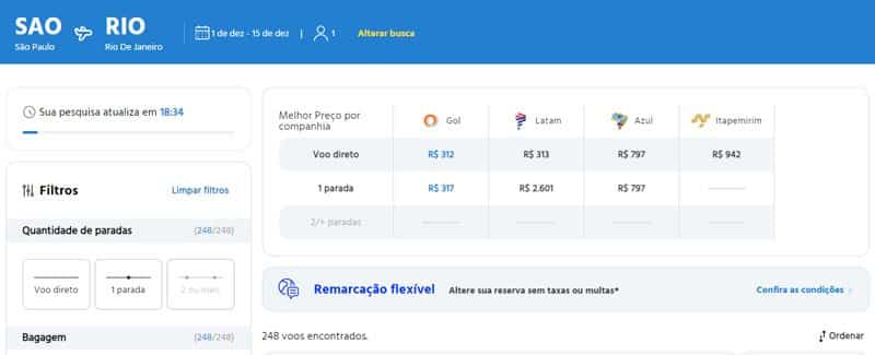 Página com os melhores preços por companhia aérea