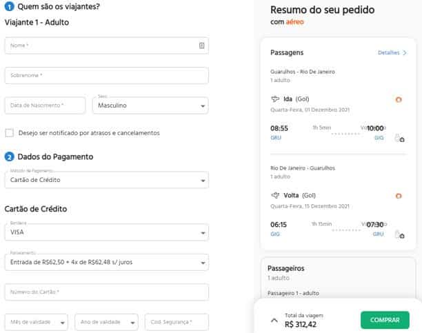 Página para confirmar a compra da passagem aérea