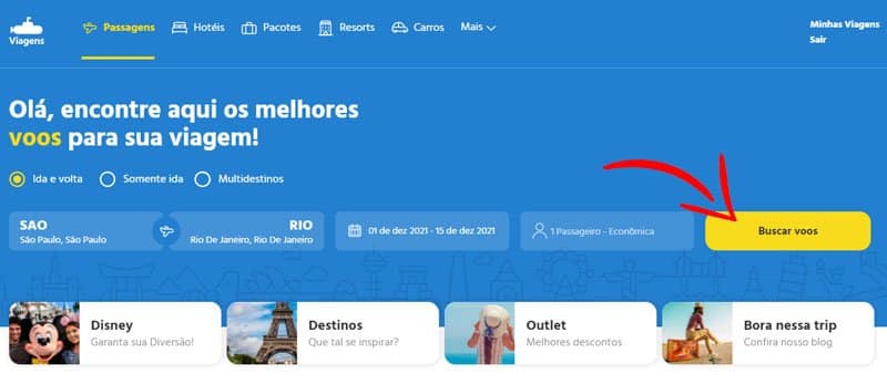 Página de compra de passagens da Submarino Viagens