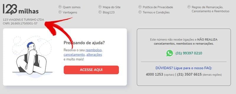 CNPJ da 123 Milhas no final da página