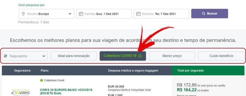 Página com os filtros para escolher o seguro viagem