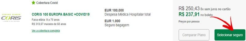 Página para selecionar o melhor seguro viagem