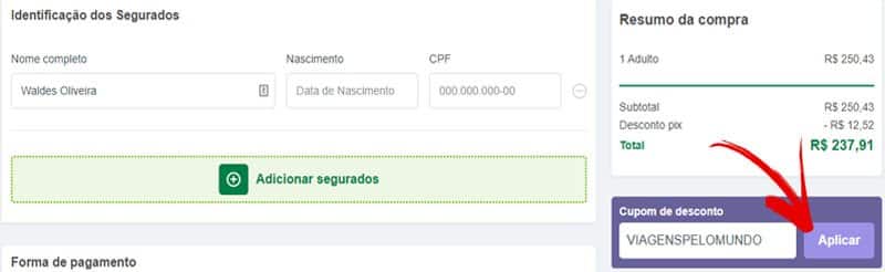 página para colocar o cupom de desconto na compra do seguro