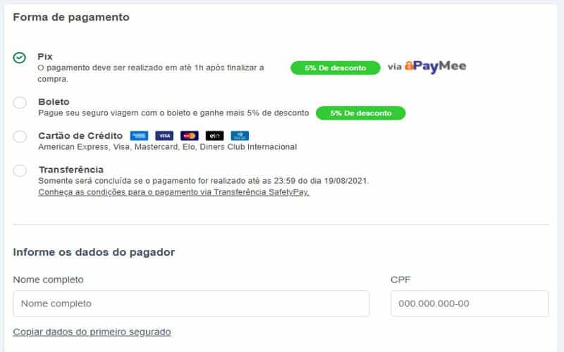 Página para selecionar a forma de pagamento do seguro viagem