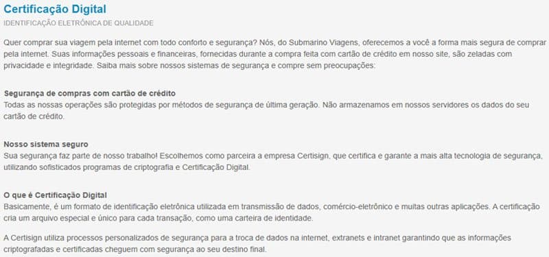 Página da Submarino Viagens com informações sobre o certificado de segurança