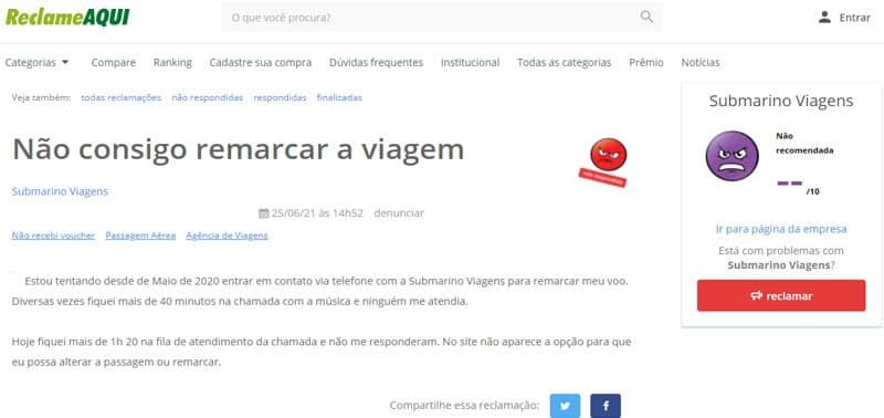 Reclamação que realizei com sobre a Submarino Viagens