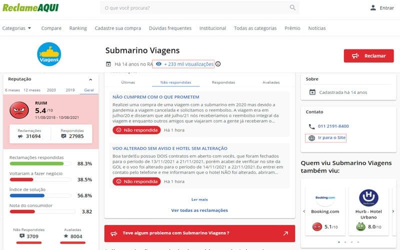 Página com todas as reclamações na plataforma Reclame Aqui
