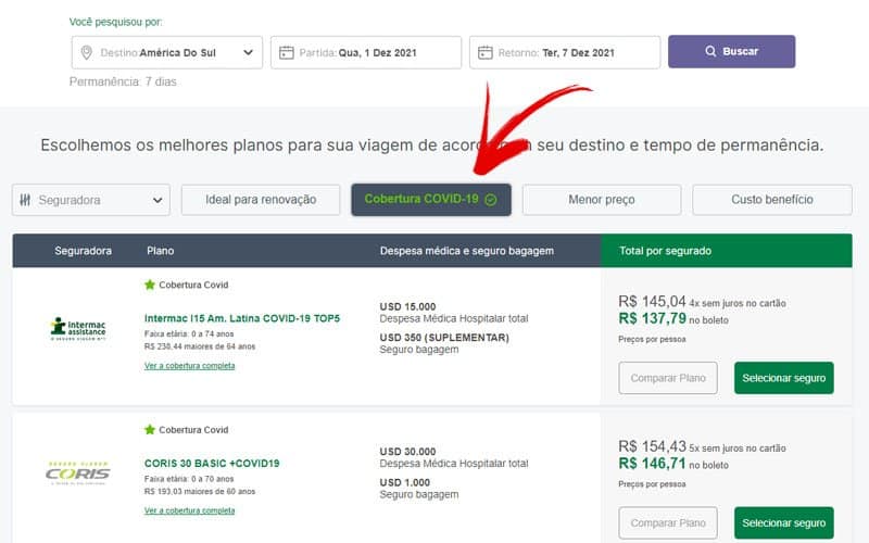 Página para usar filtros para selecionar o seguro viagem