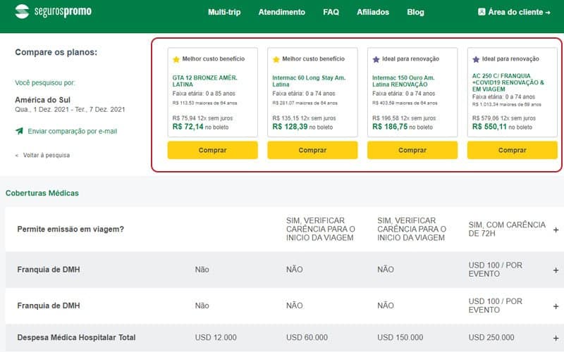 Comparativo de 4 planos de seguro viagem na Seguros Promo