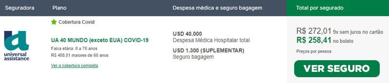Detalhes do plano com valores de cobertura e preço para Seguro Viagem com Cobertura COVID-19