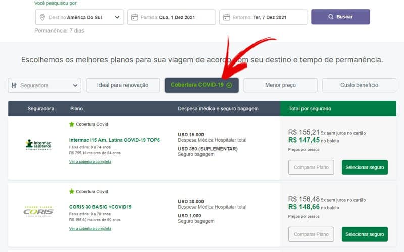 Página com os planos de seguro viagem