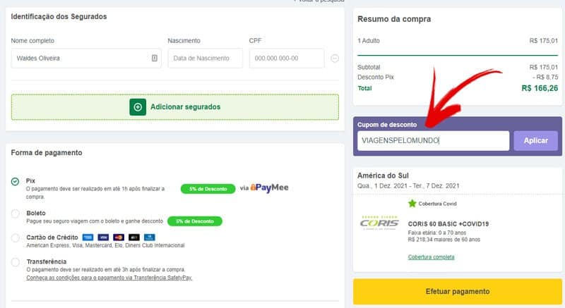 Página final de pagamento do seguro viagem