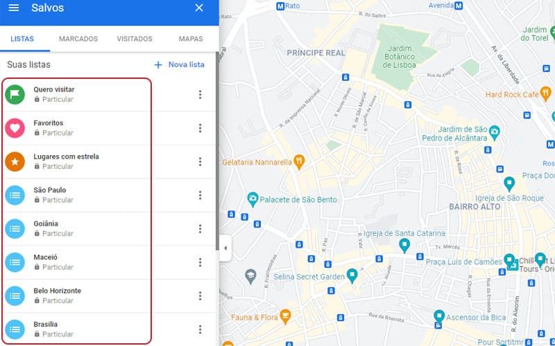 Página do Google Maps com pontos de interesse salvos