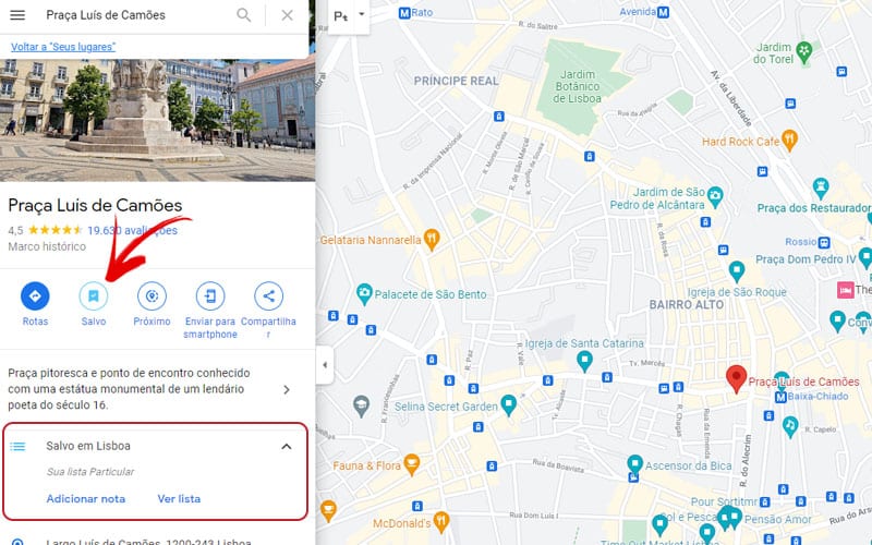 Página do Google Maps para salvar pontos turísticos