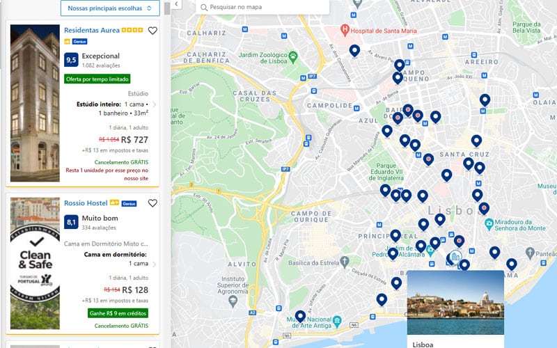 Mapa de hospedagem do Booking