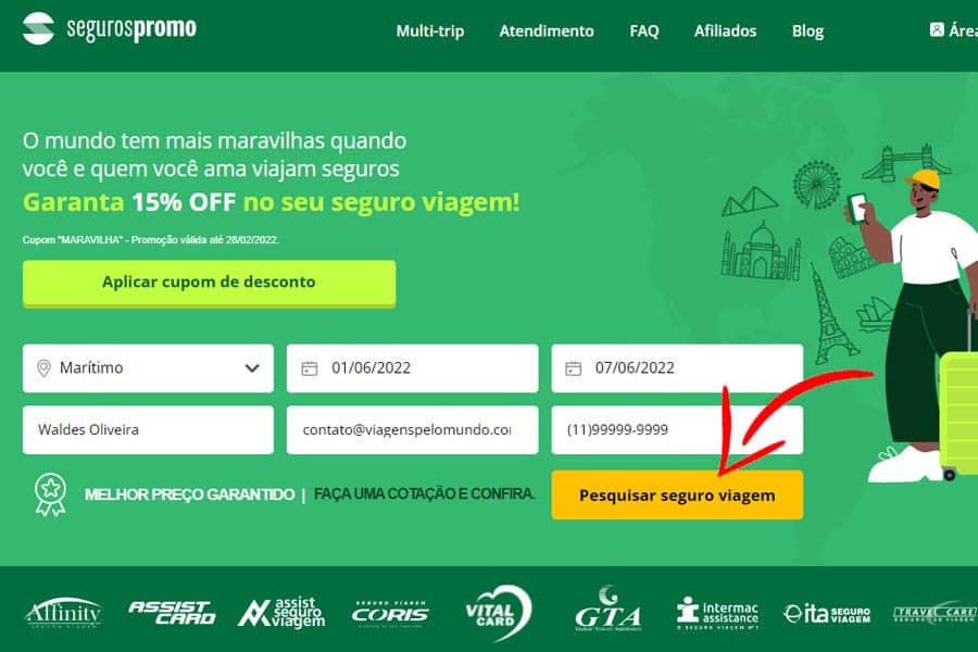 Página Seguros Promo para fazer cotação do seguro viagem