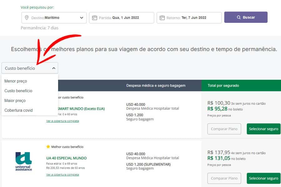 Página com a listas dos seguro viagem para cruzeiros