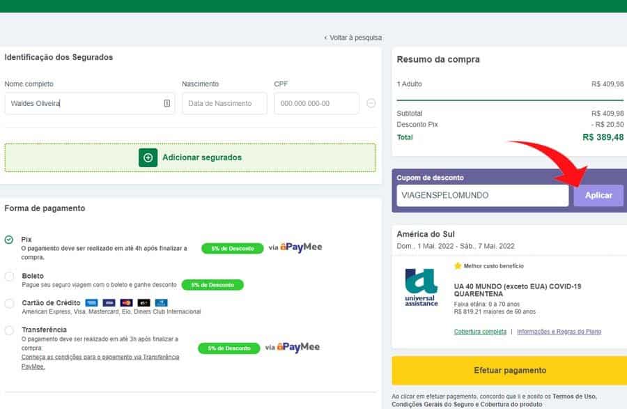 Página para preencher os dados da compra