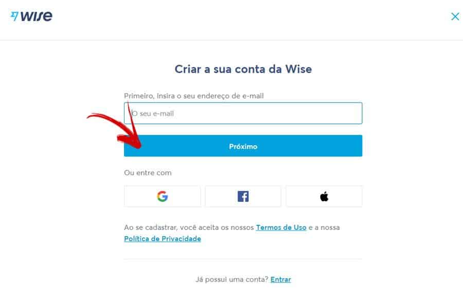 Página para preencher o e-mail - Wise é confiável