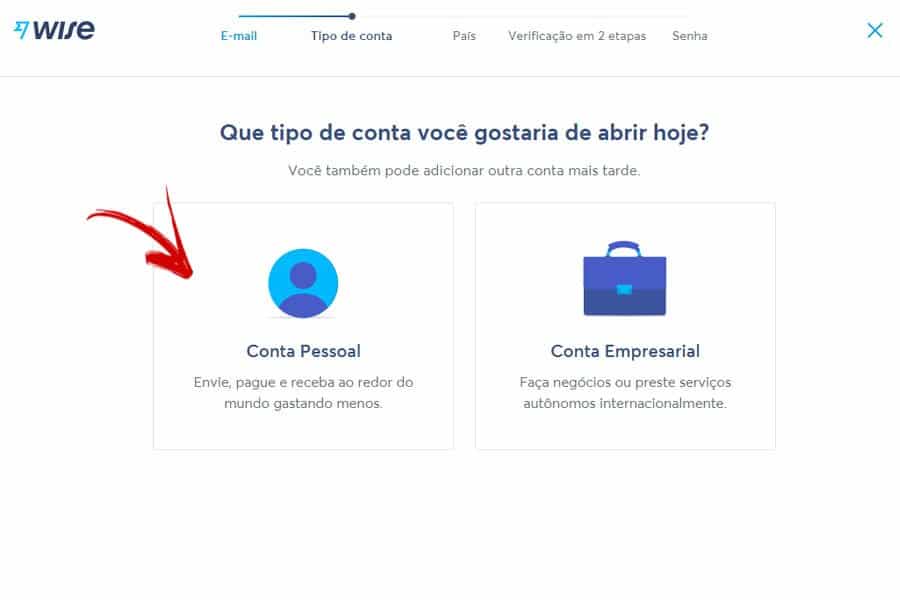 Página de seleção de contas na Wise
