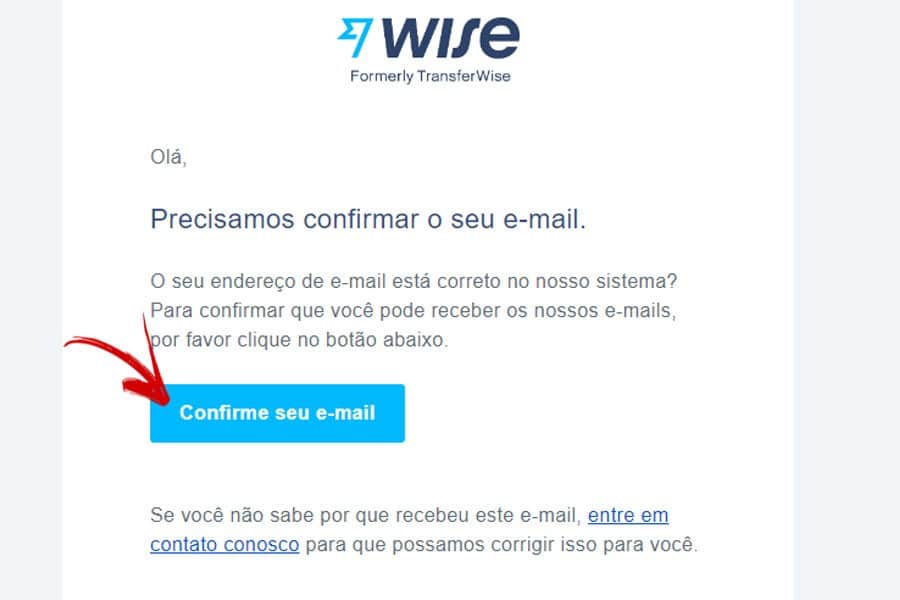 E-mail para confirmar a abertura de conta na wise