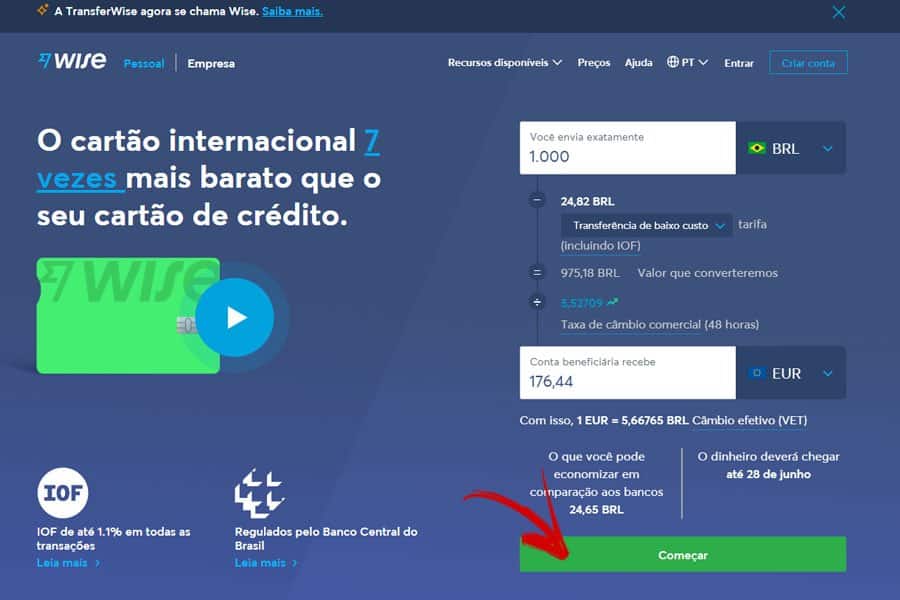Página principal da Wise